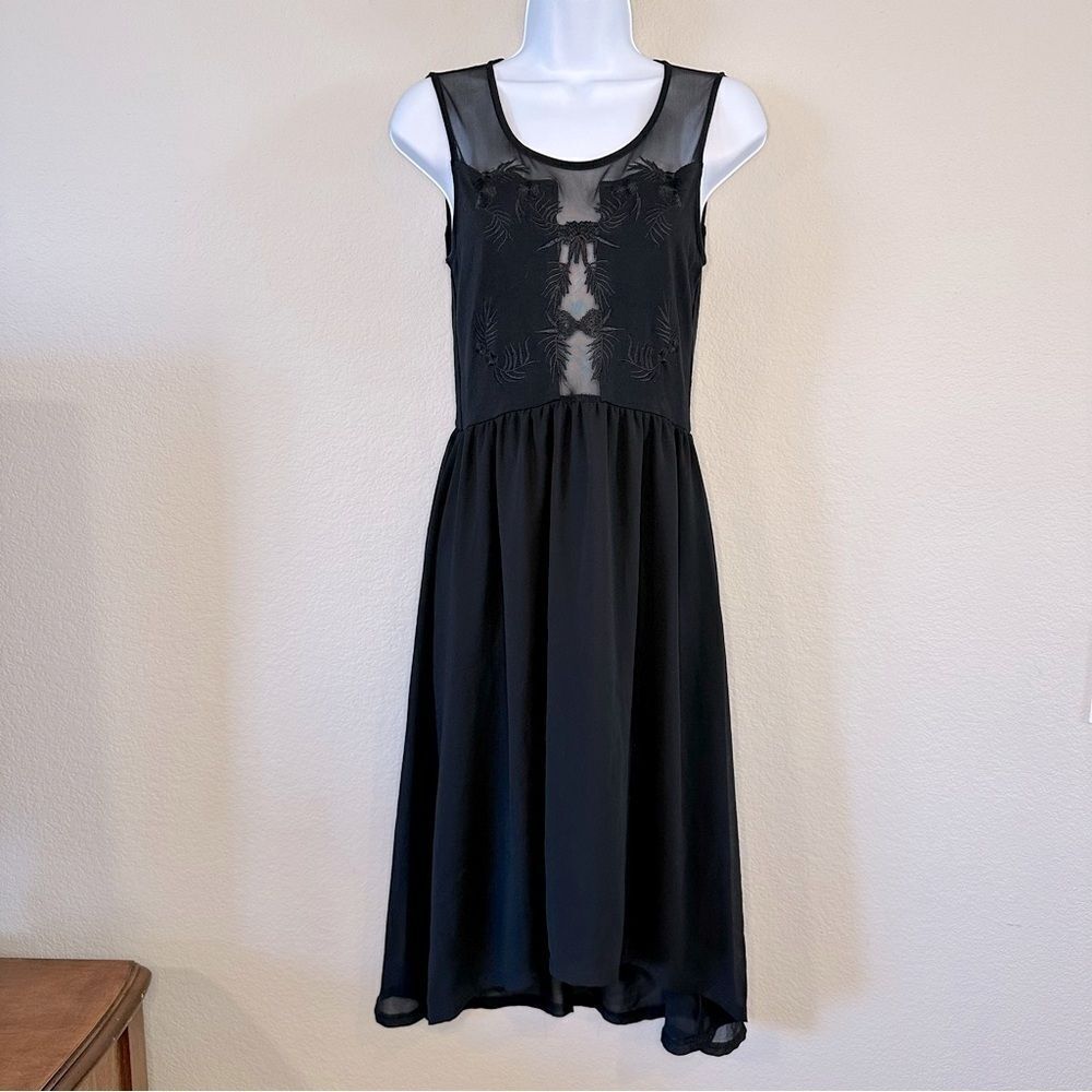 Black Sheer Mesh High Low Dress with Embroidered Flowers